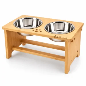 PetBar | Solid Bamboo Elevated Pet Feeding Stand With Stainless Steel Bowls
