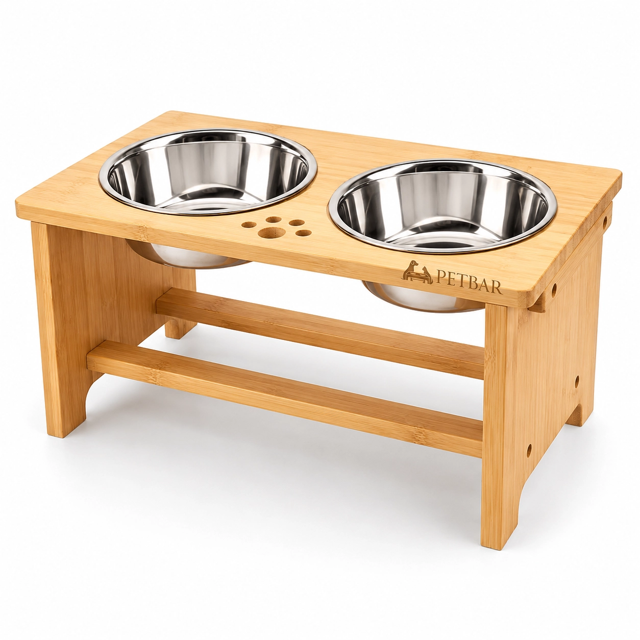 PetBar | Solid Bamboo Elevated Pet Feeding Stand With Stainless Steel Bowls